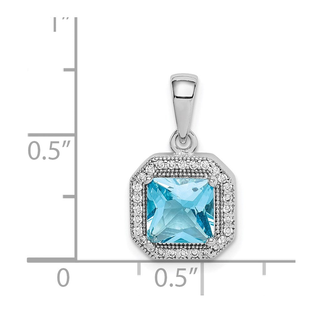 Sterling Silver Rhodium Plated Clear CZ and Square Blue CZ Pendant