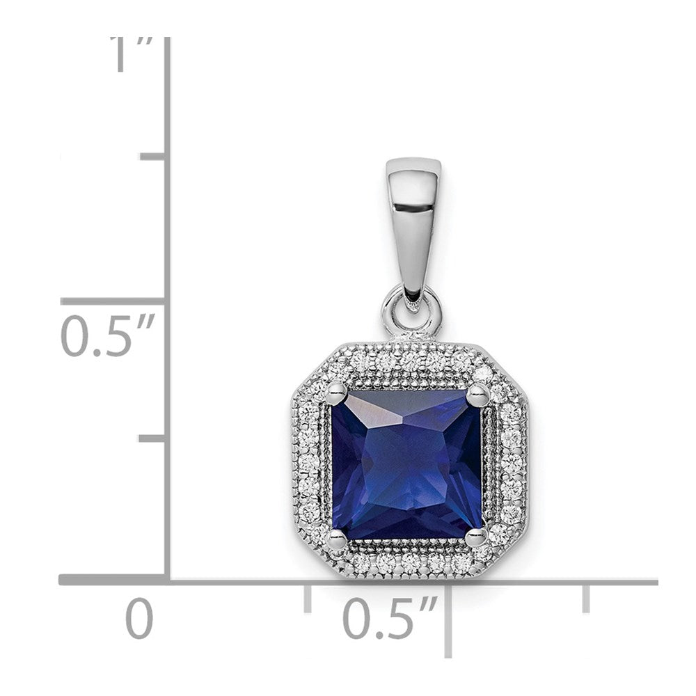 Sterling Silver Rhodium Plated Clear CZ and Square Blue CZ Pendant