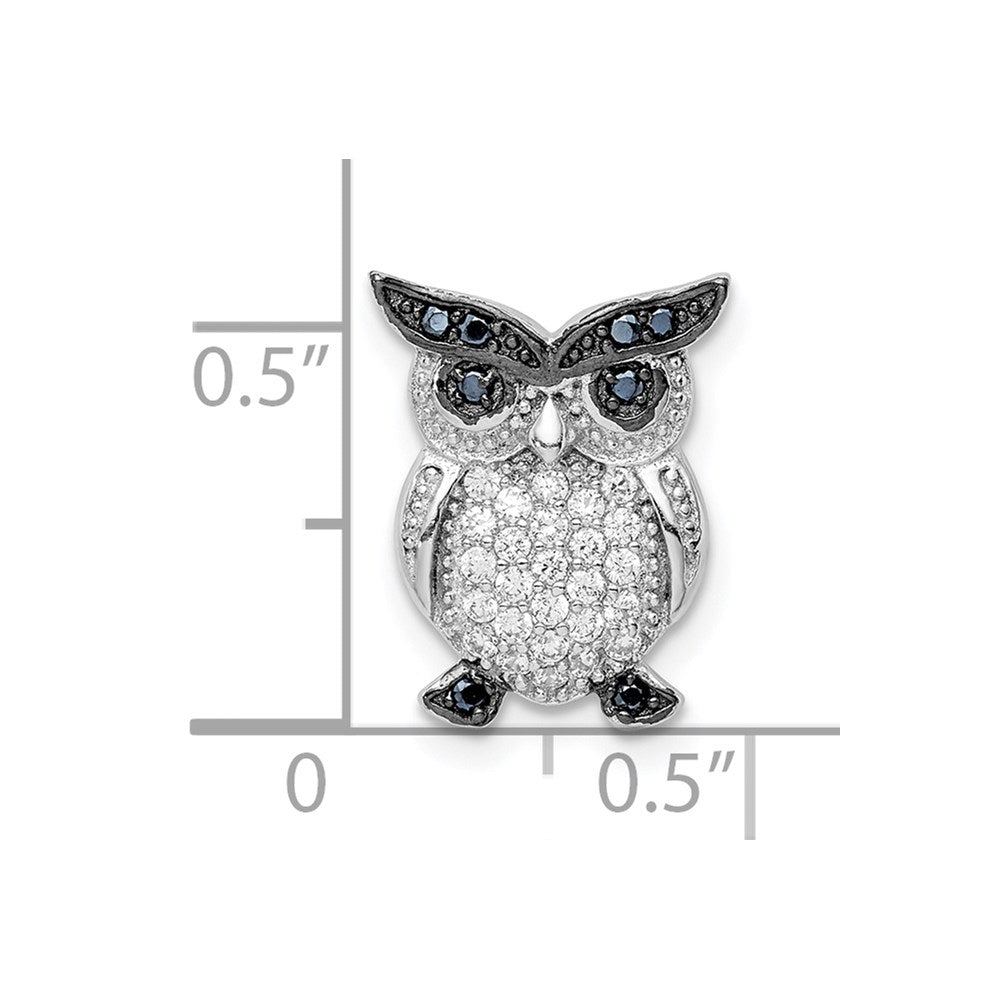 Sterling Silver Rhodium-plated Black and Clear CZ Owl Chain Slide