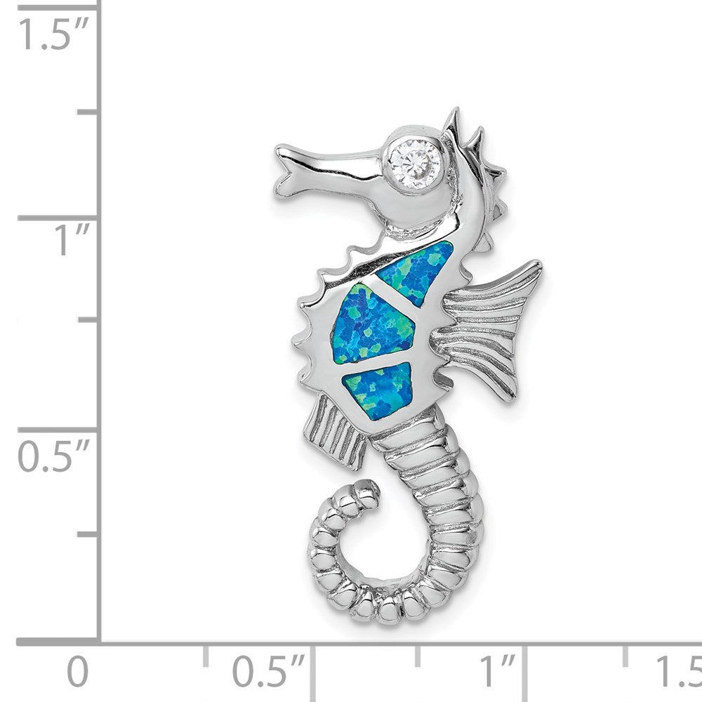 Sterling Silver Rhodium-plated Created Opal and CZ Seahorse Chain Slide
