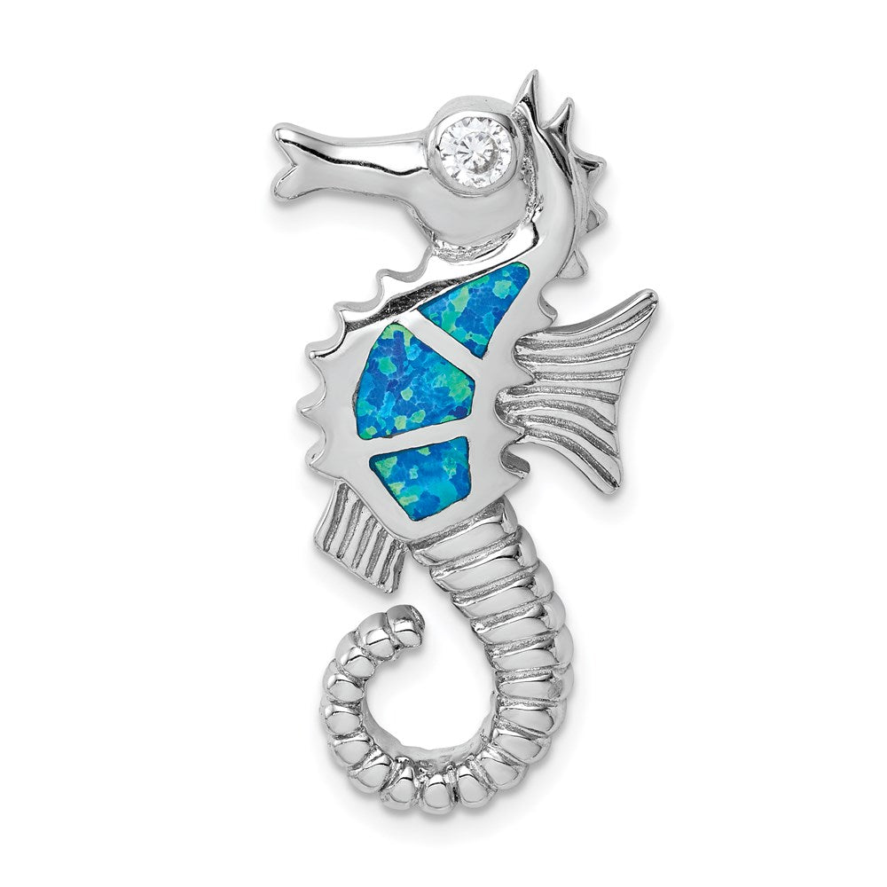 Sterling Silver Rhodium-plated Created Opal and CZ Seahorse Chain Slide
