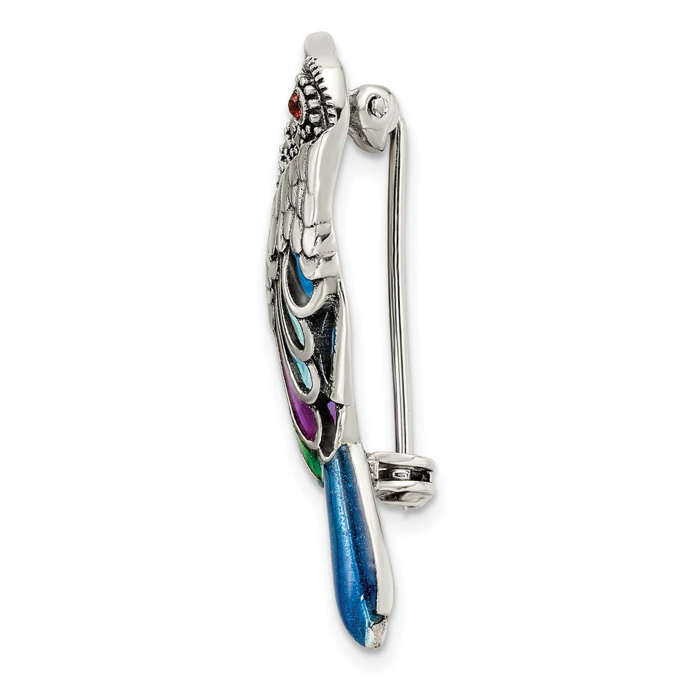 Sterling Silver Antiqued Enameled Marcasite & Garnet Bird Pin