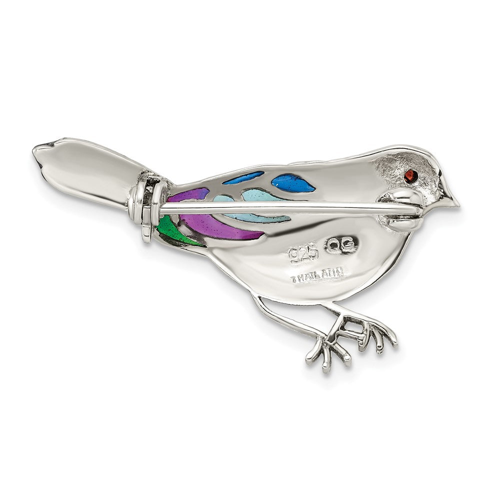 Sterling Silver Antiqued Enameled Marcasite & Garnet Bird Pin