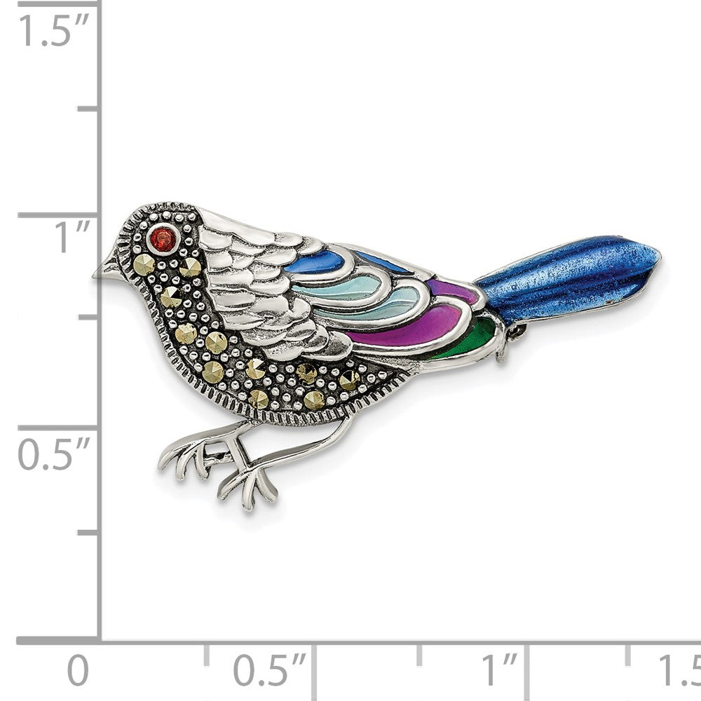 Sterling Silver Antiqued Enameled Marcasite & Garnet Bird Pin