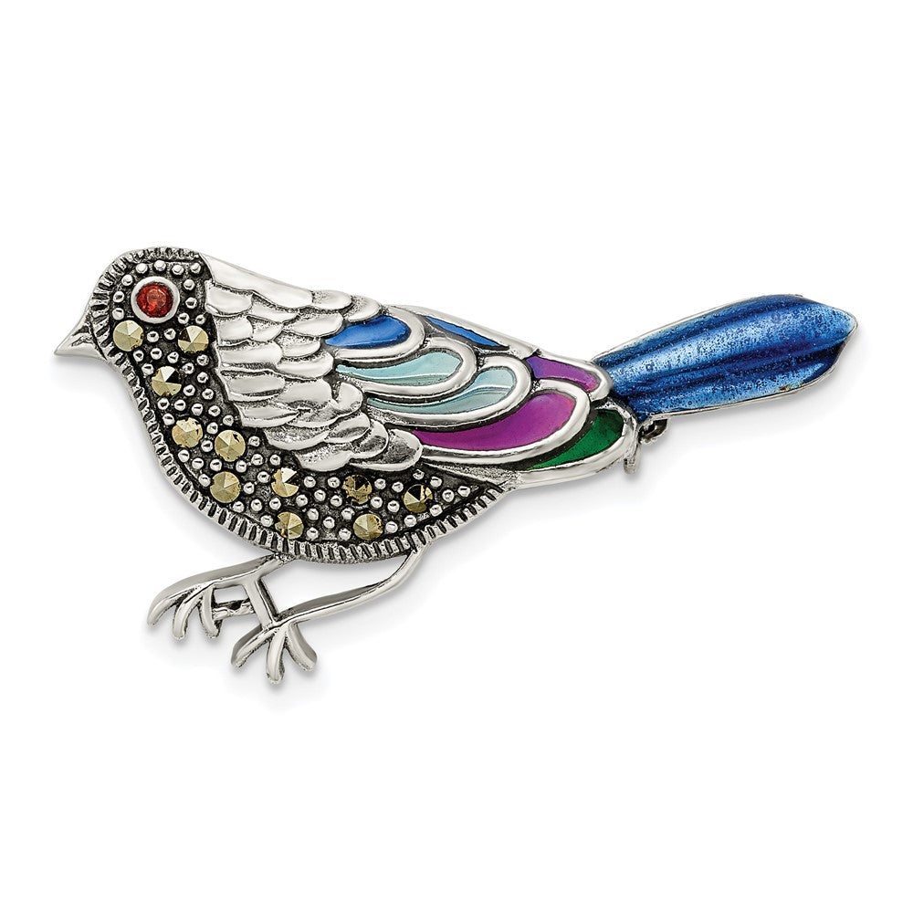 Sterling Silver Antiqued Enameled Marcasite & Garnet Bird Pin