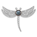 Sterling Silver Rho-pl CZ 8-9mm Black Button FWC Pearl Dragonfly Brooch