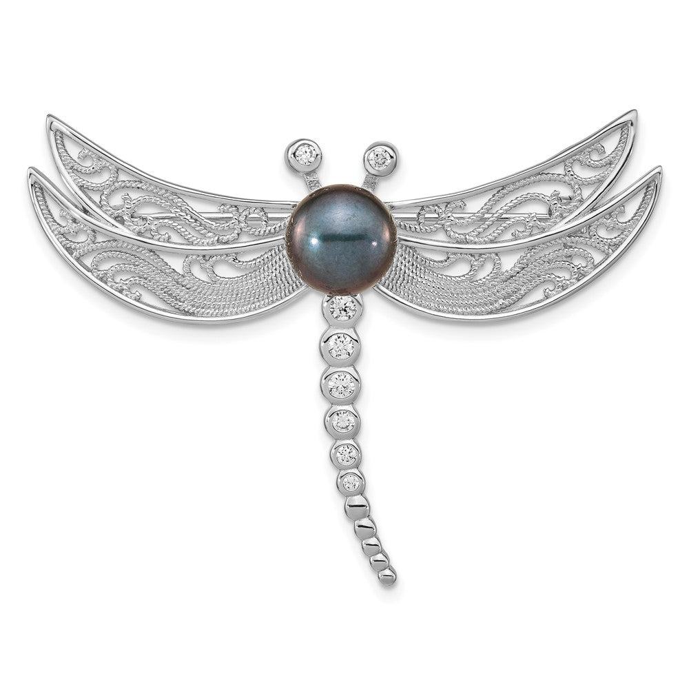 Sterling Silver Rho-pl CZ 8-9mm Black Button FWC Pearl Dragonfly Brooch