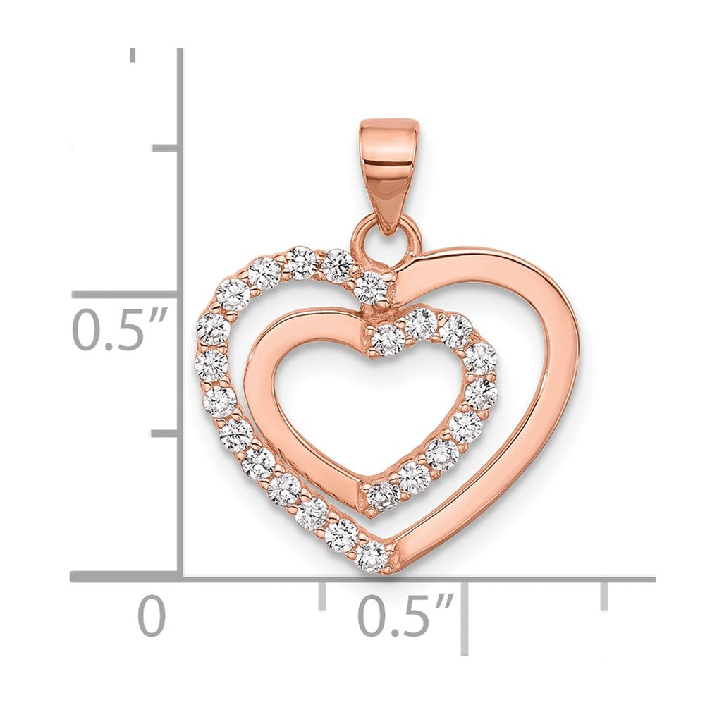 Sterling Silver Rose-plated CZ Double Heart Pendant