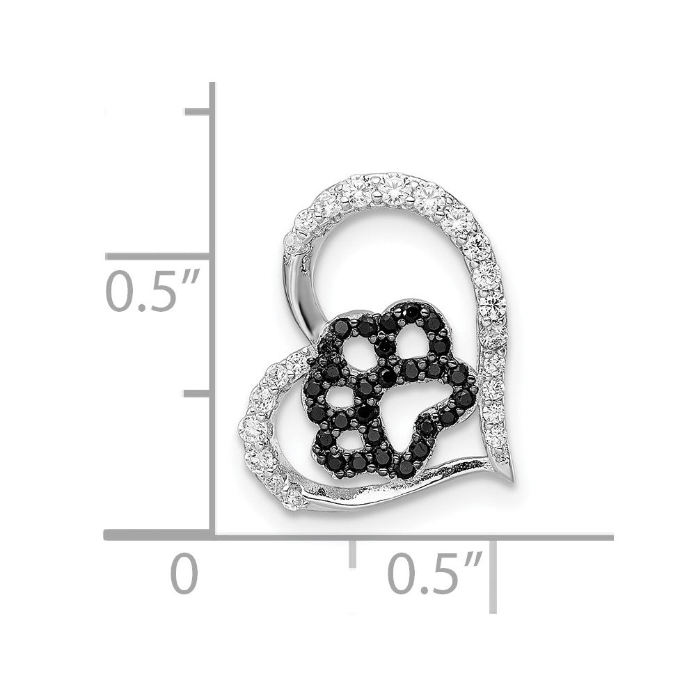 Sterling Silver Bk/Wht CZ Rhod-plated Paw Print Heart Chain Slide