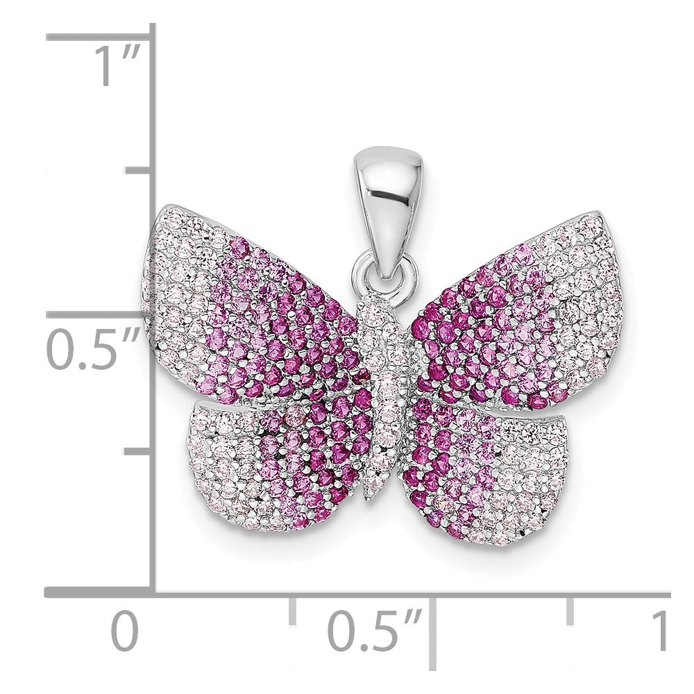 Sterling Silver Rhodium-plated Polished Pink CZ Butterfly Pendant