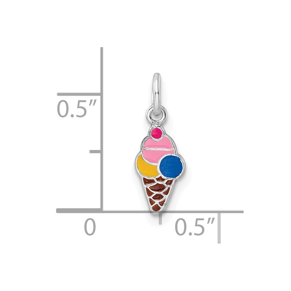 Sterling Silver RH-plated Enameled Ice Cream Cone Children's Pendant