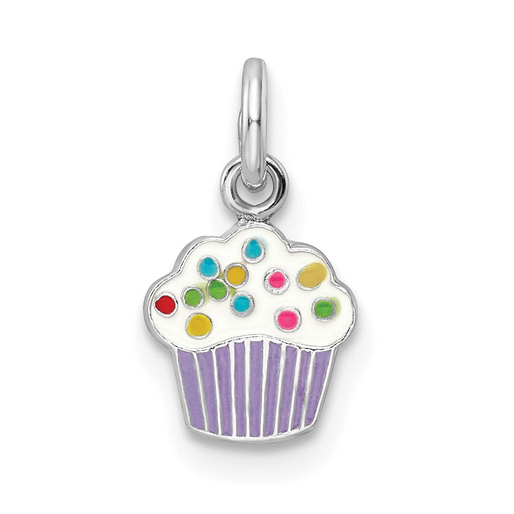 Sterling Silver RH-plated Multi-color Enameled Cupcake Petite Pendant