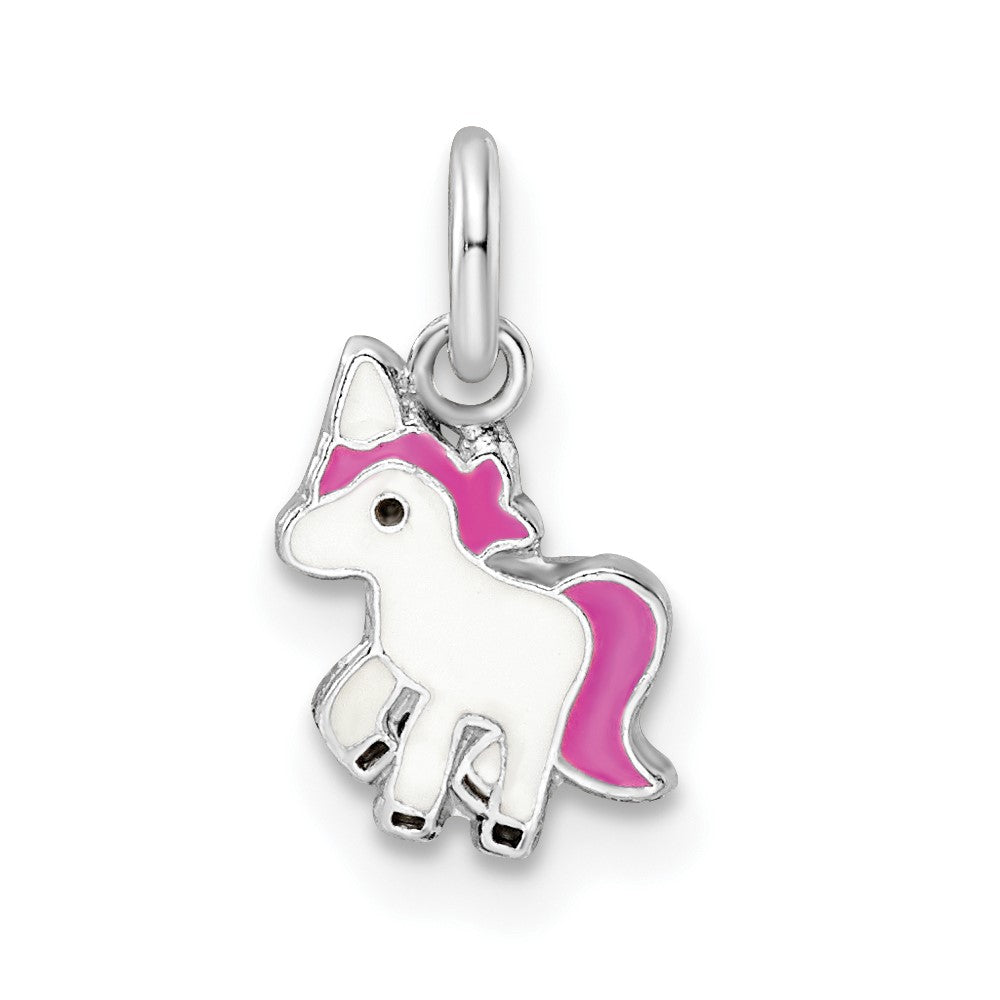 Sterling Silver RH-pltd Pink/White/Black Enamel Unicorn Pendant