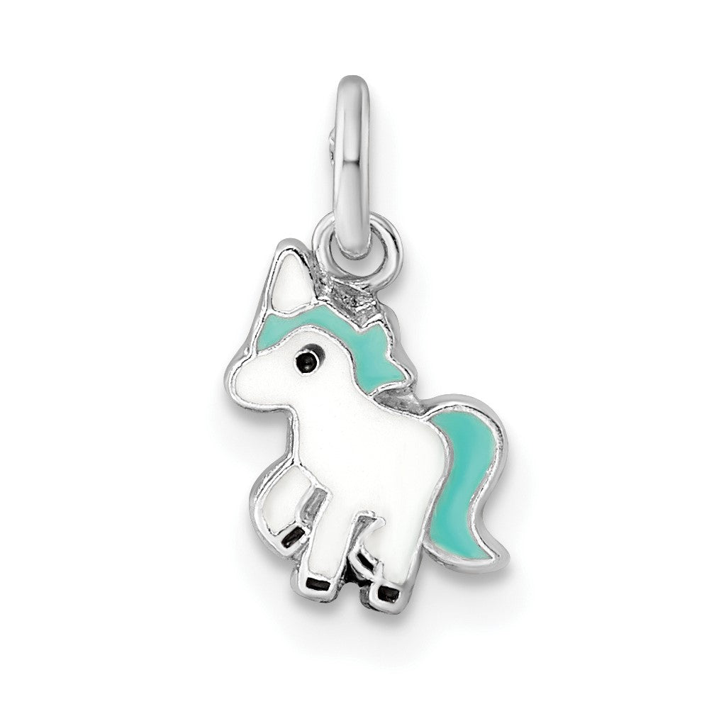 Sterling Silver RH-pltd Blue/White/Black Enamel Unicorn Pendant
