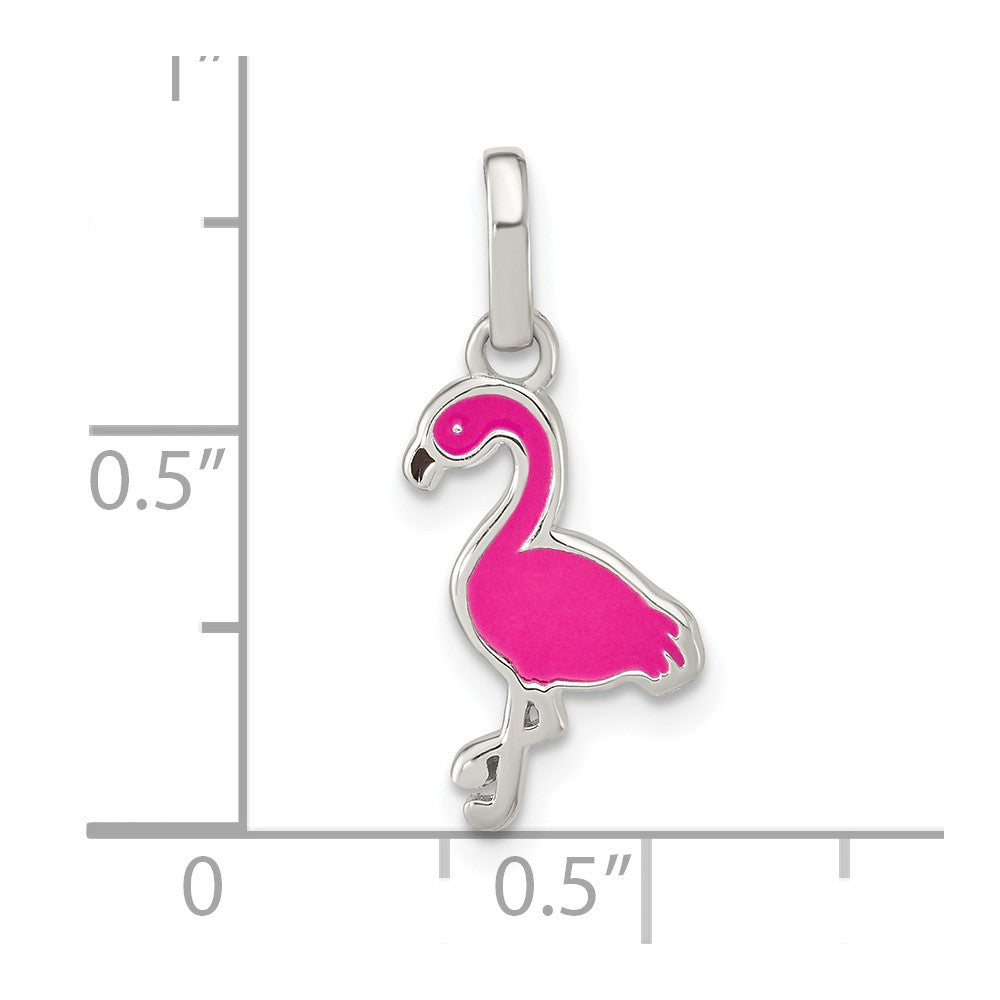 Sterling Silver RH-plted Black and Hot Pink Enameled Flamingo Pendant