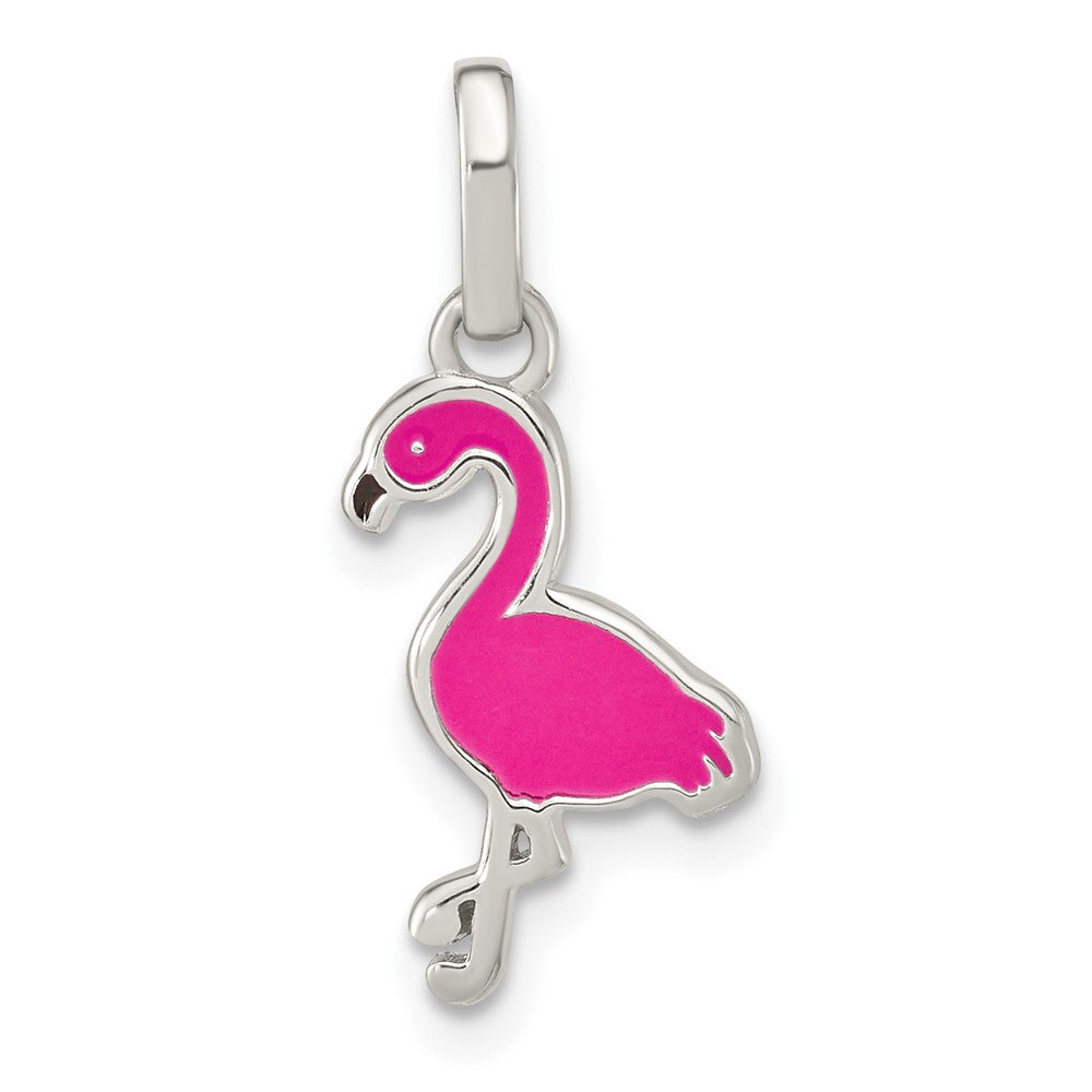 Sterling Silver RH-plted Black and Hot Pink Enameled Flamingo Pendant