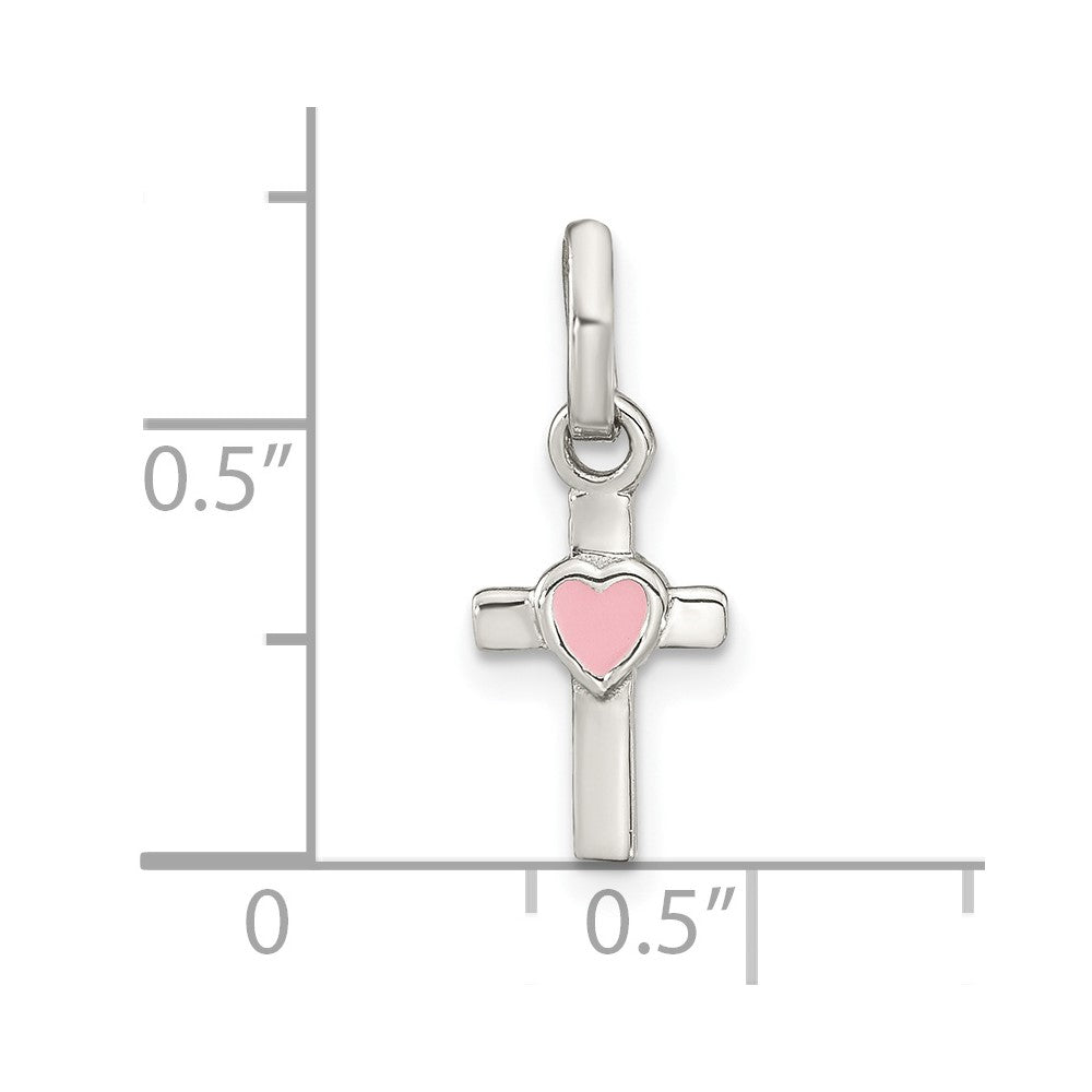Sterling Silver Rhodium-plated Cross Enameled Pink Heart Petite Pendant