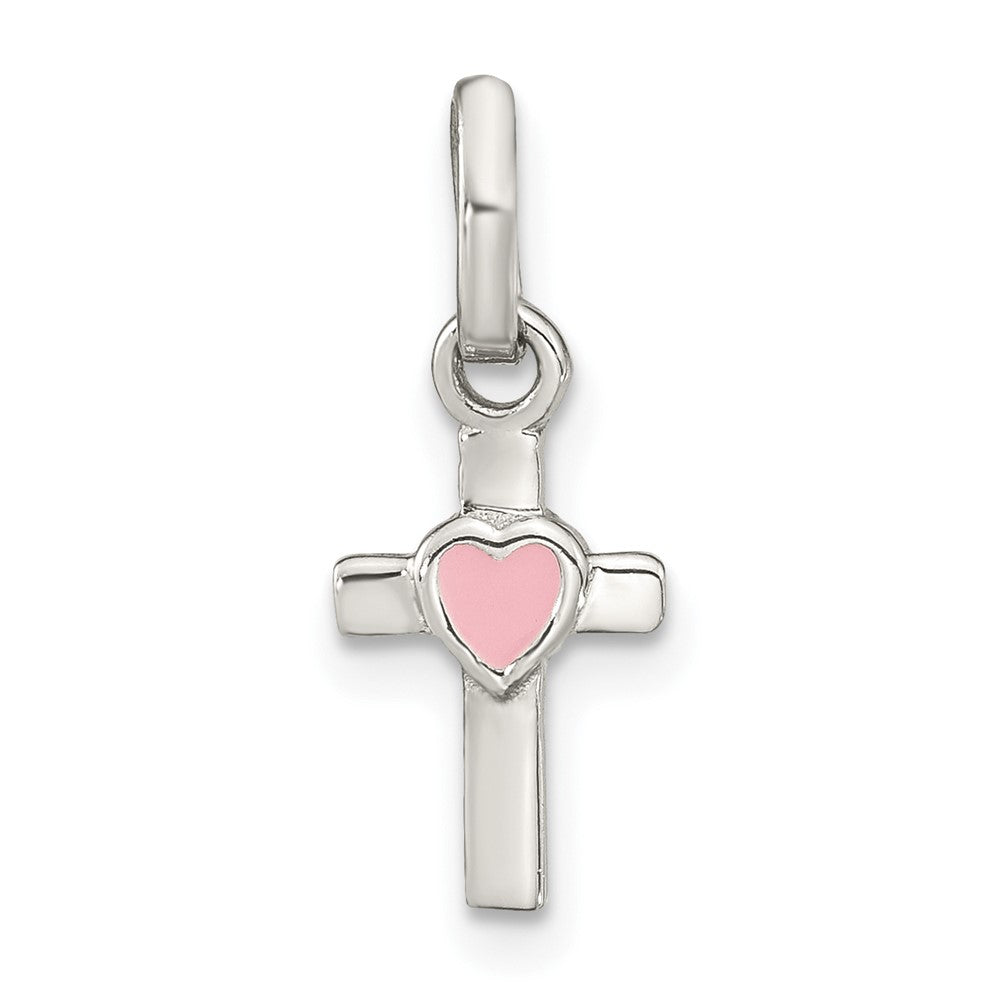 Sterling Silver Rhodium-plated Cross Enameled Pink Heart Petite Pendant