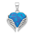 Sterling Silver Rhodium-plated Blue Created Opal Heart with Wings Pendant