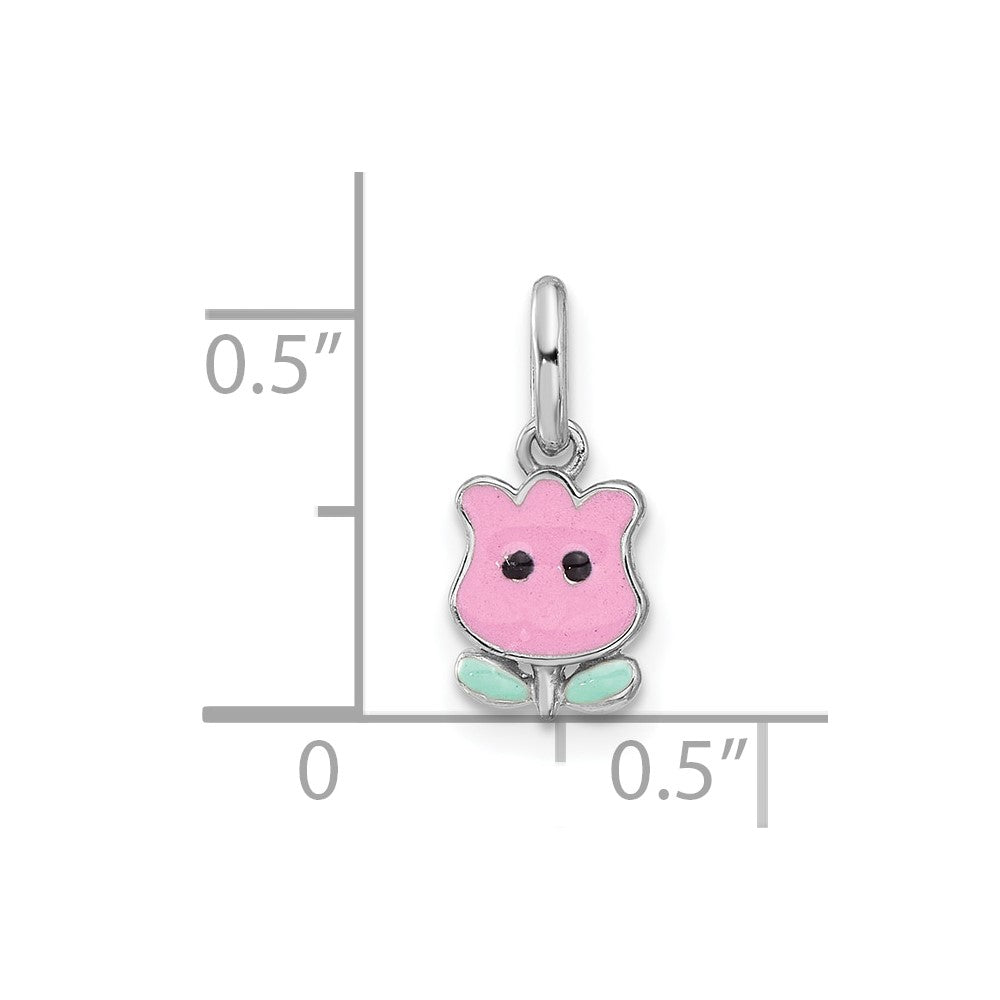 Sterling Silver RH-plated Pink & Green Enamel Tulip Children's Pendant