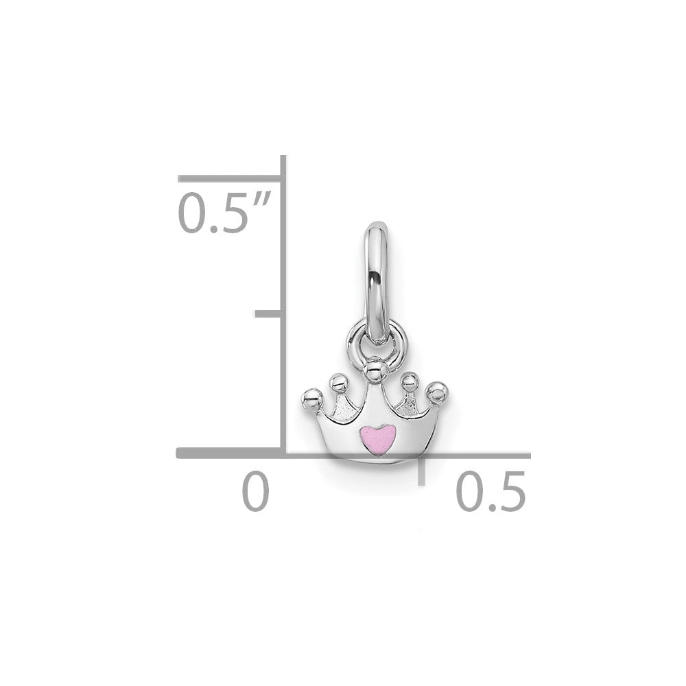 Sterling Silver RH-plated Pink Enameled Heart Crown Petite Pendant