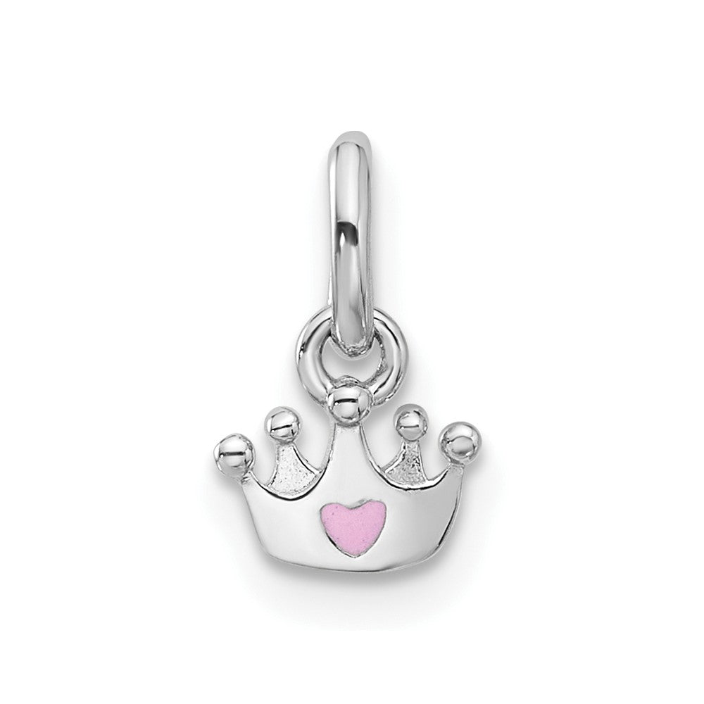 Sterling Silver RH-plated Pink Enameled Heart Crown Petite Pendant
