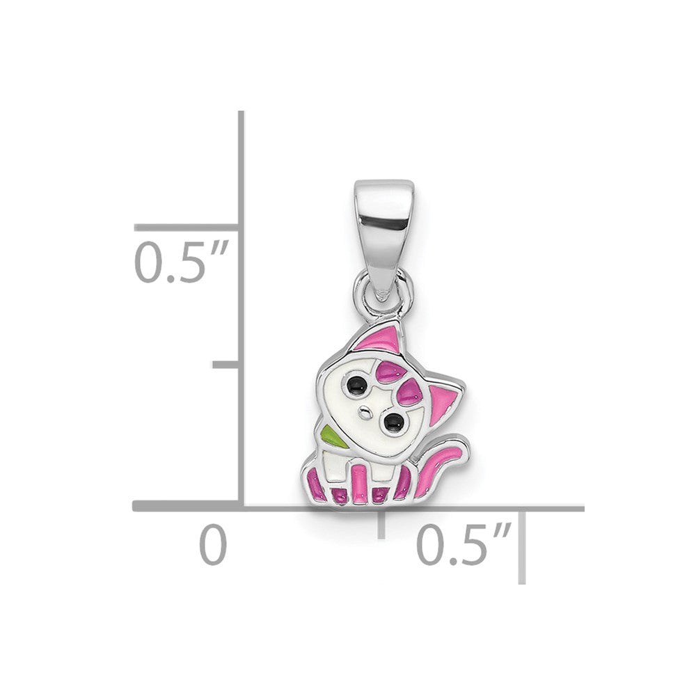 Sterling Silver Rhod-plated Multi-color Enameled Cat Petite Pendant