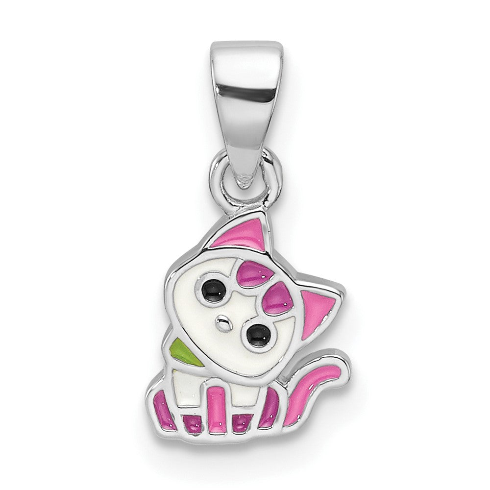 Sterling Silver Rhod-plated Multi-color Enameled Cat Petite Pendant