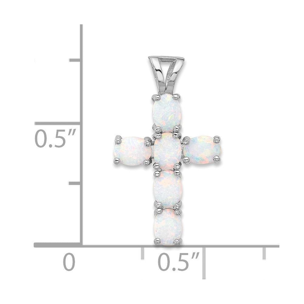 Sterling Silver Flash Platinum-plated Created Opal Cross Pendant