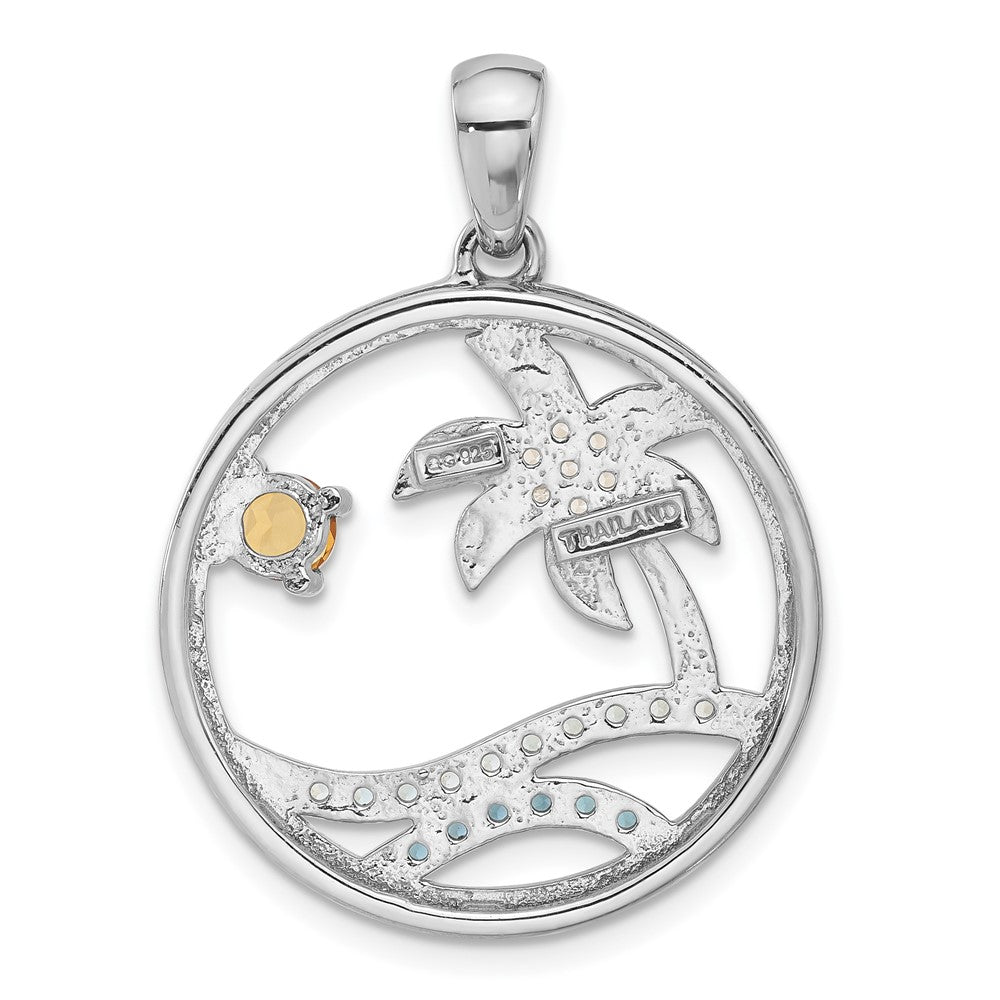Sterling Silver Rh-plated Rainbow Multi-Gemstone Ocean Palm Tree Pendant