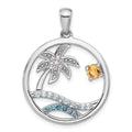 Sterling Silver Rh-plated Rainbow Multi-Gemstone Ocean Palm Tree Pendant