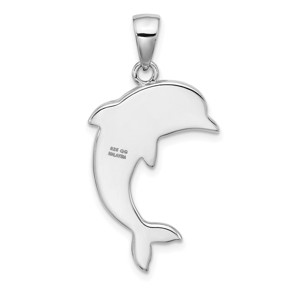Sterling Silver Rh-plated Polished Crystal Dolphin Pendant