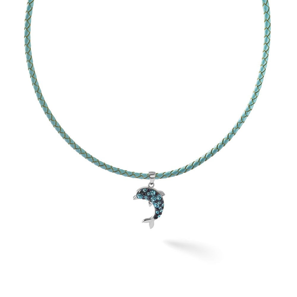 Sterling Silver Rh-plated Polished Crystal Dolphin Pendant