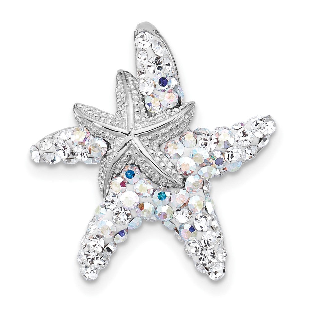 Sterling Silver Rh-plated Polished Crystal Starfish Pendant Chain Slide