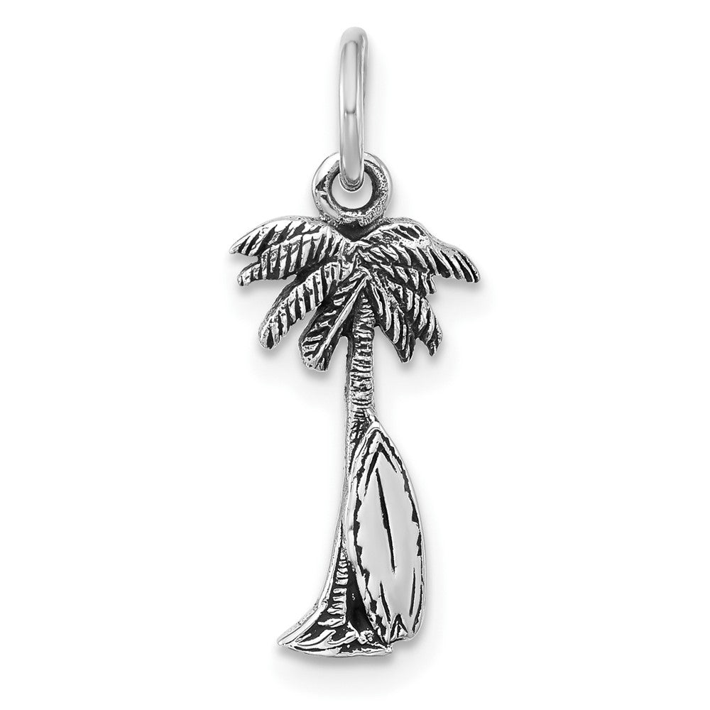 Sterling Silver Rh-plated Antiqued Palm Tree & Surfboard Pendant