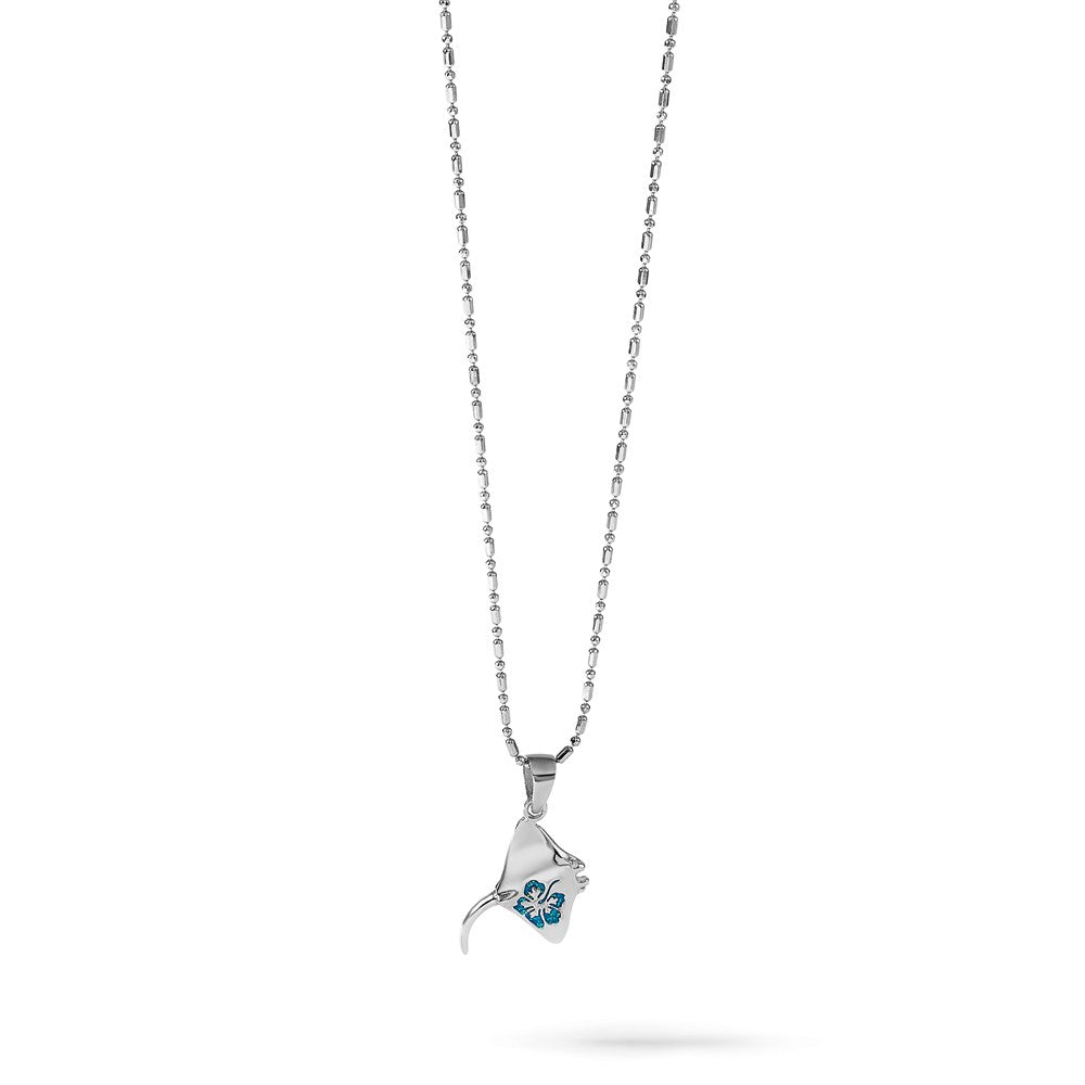 Sterling Silver Rh-plated Polished Blue Enamel Stingray Pendant