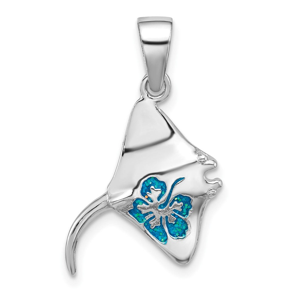 Sterling Silver Rh-plated Polished Blue Enamel Stingray Pendant