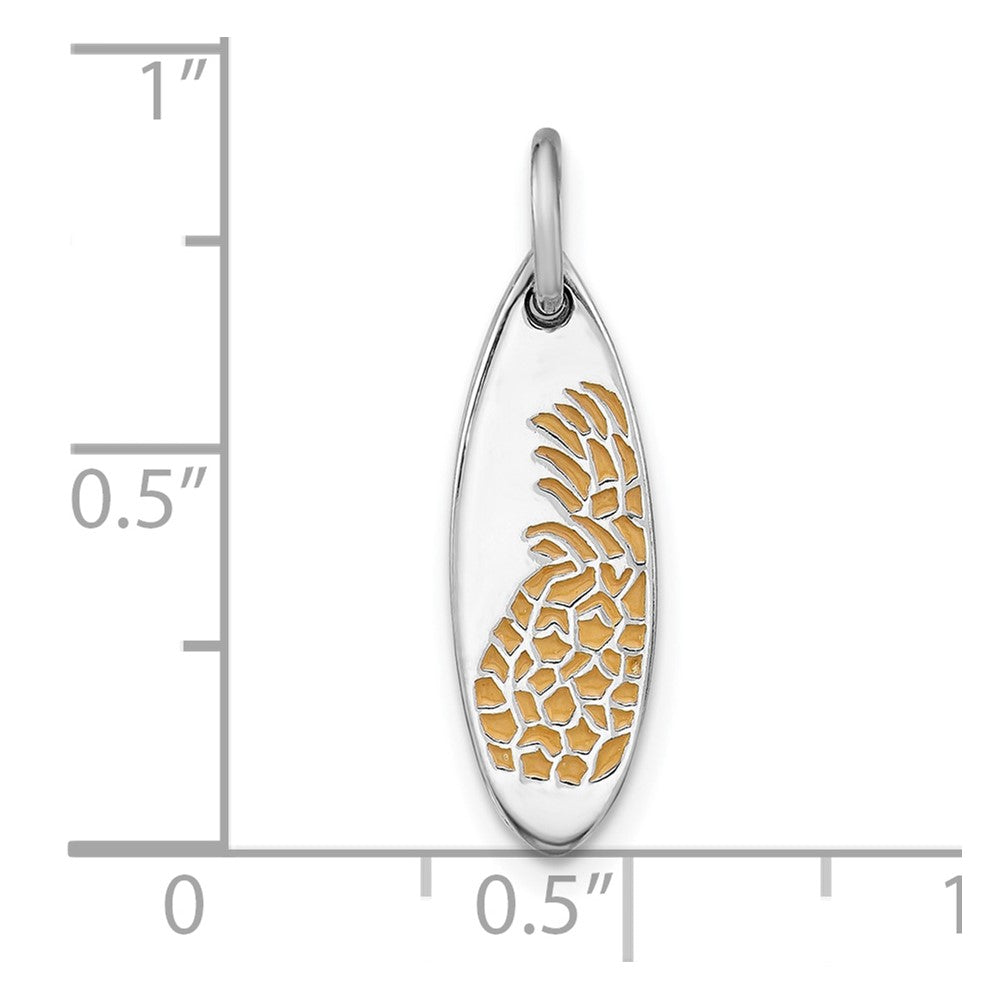 Sterling Silver Rh-plated Yellow Enamel Pineapple Surfboard Pendant