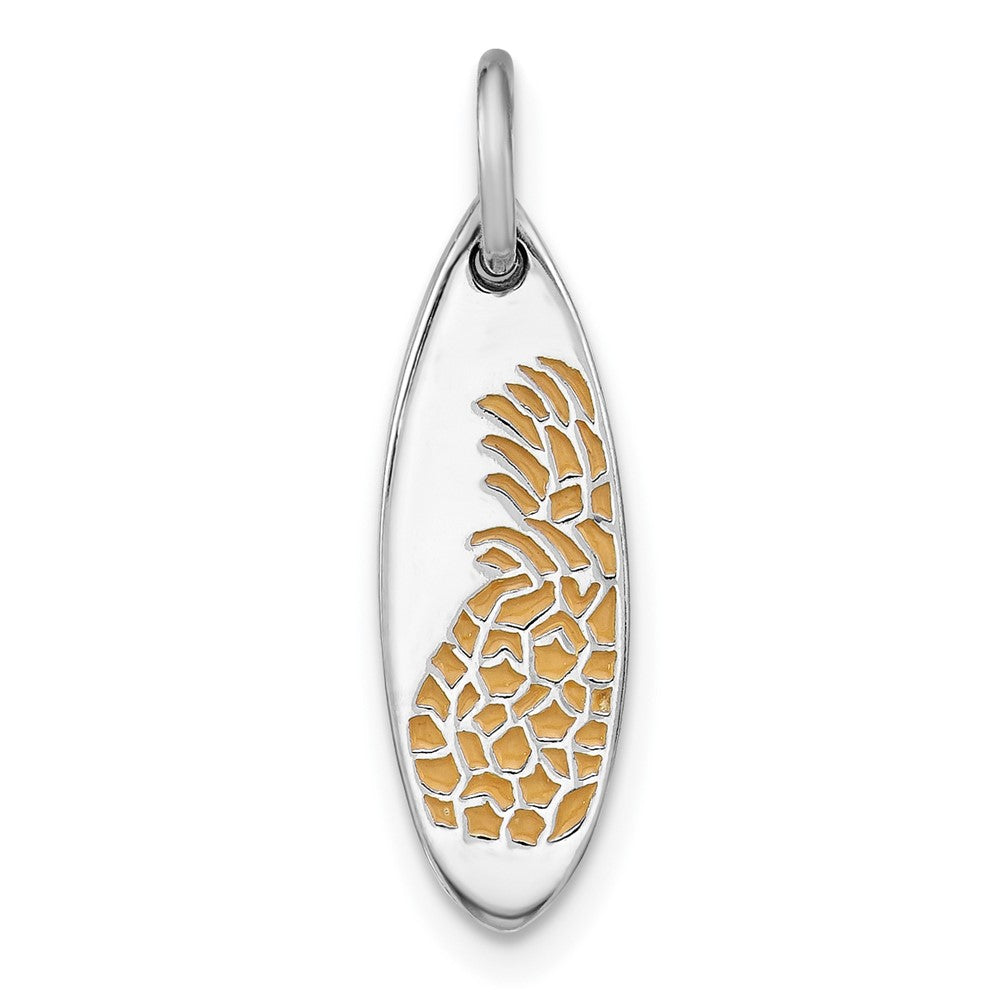 Sterling Silver Rh-plated Yellow Enamel Pineapple Surfboard Pendant