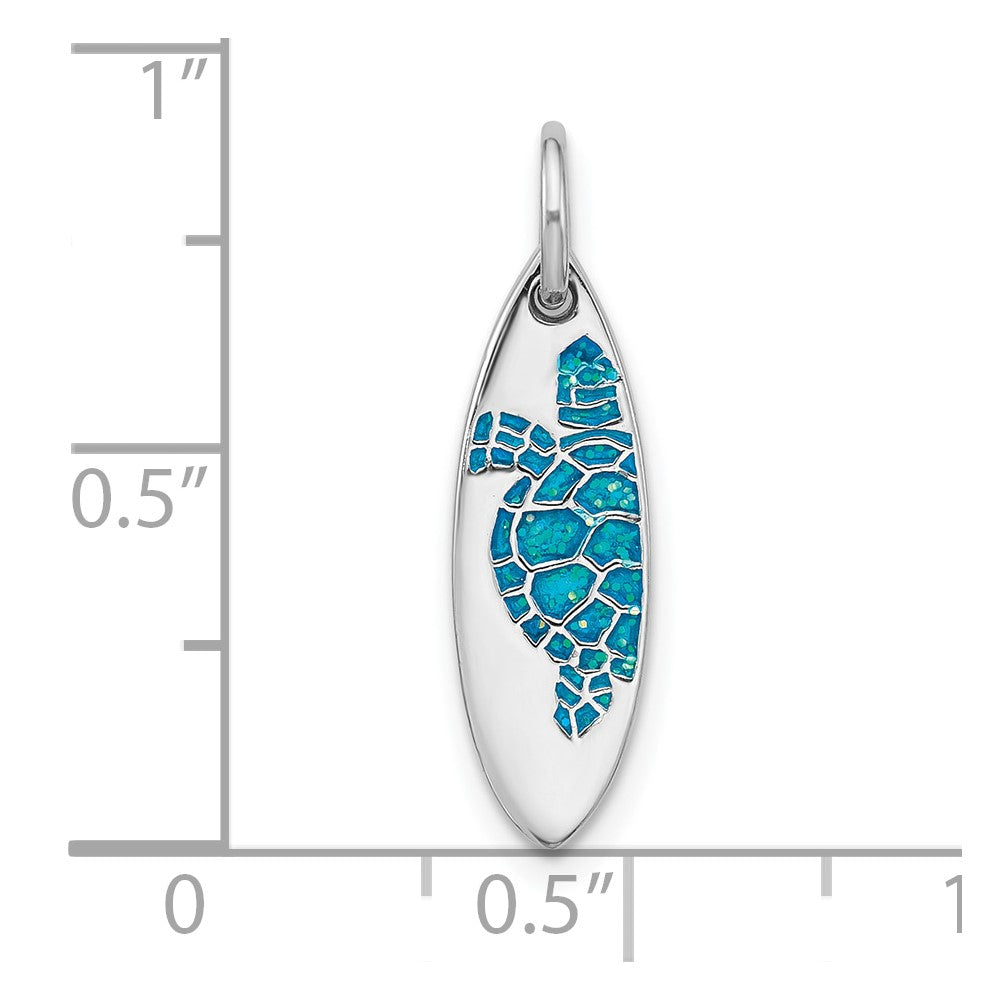 Sterling Silver Rh-plated Polished Blue Enamel Turtle Surfboard Pendant