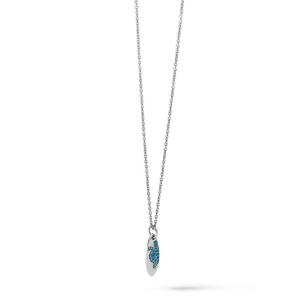 Sterling Silver Rh-plated Polished Blue Enamel Turtle Surfboard Pendant