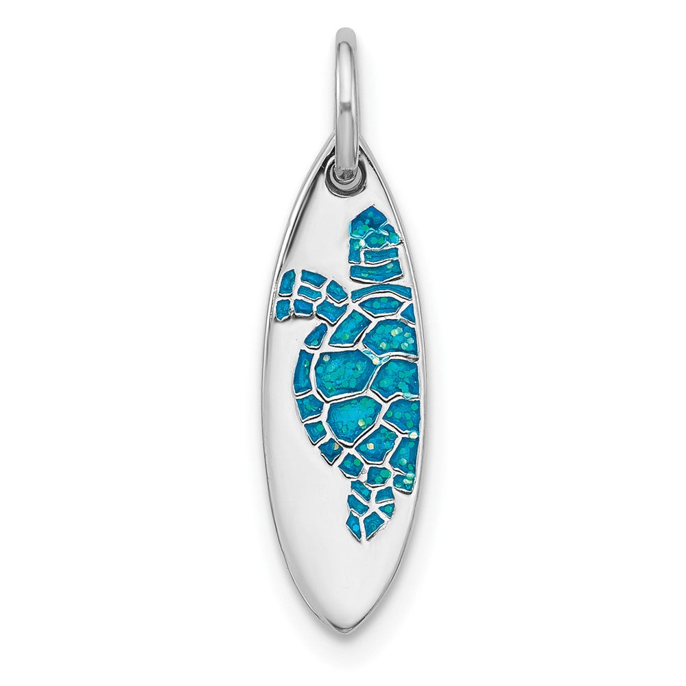 Sterling Silver Rh-plated Polished Blue Enamel Turtle Surfboard Pendant