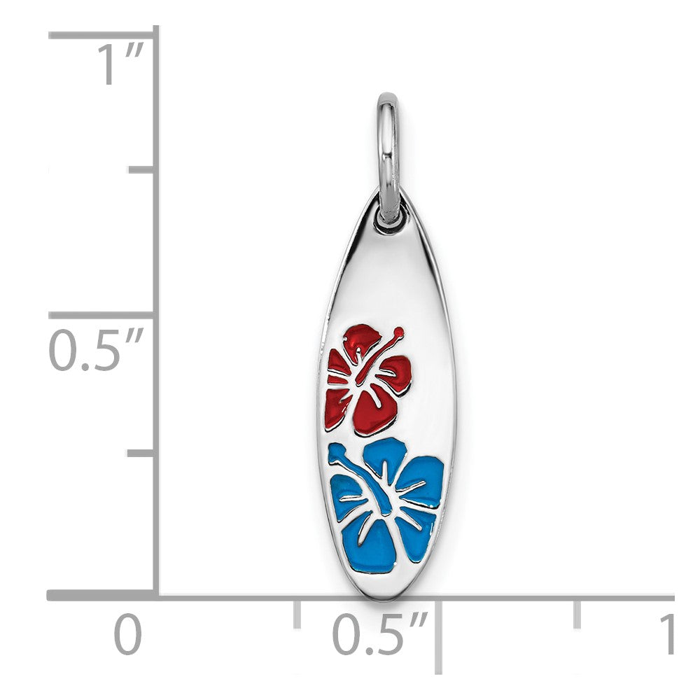 Sterling Silver Rh-plated Polished Enamel Flower Surfboard Pendant