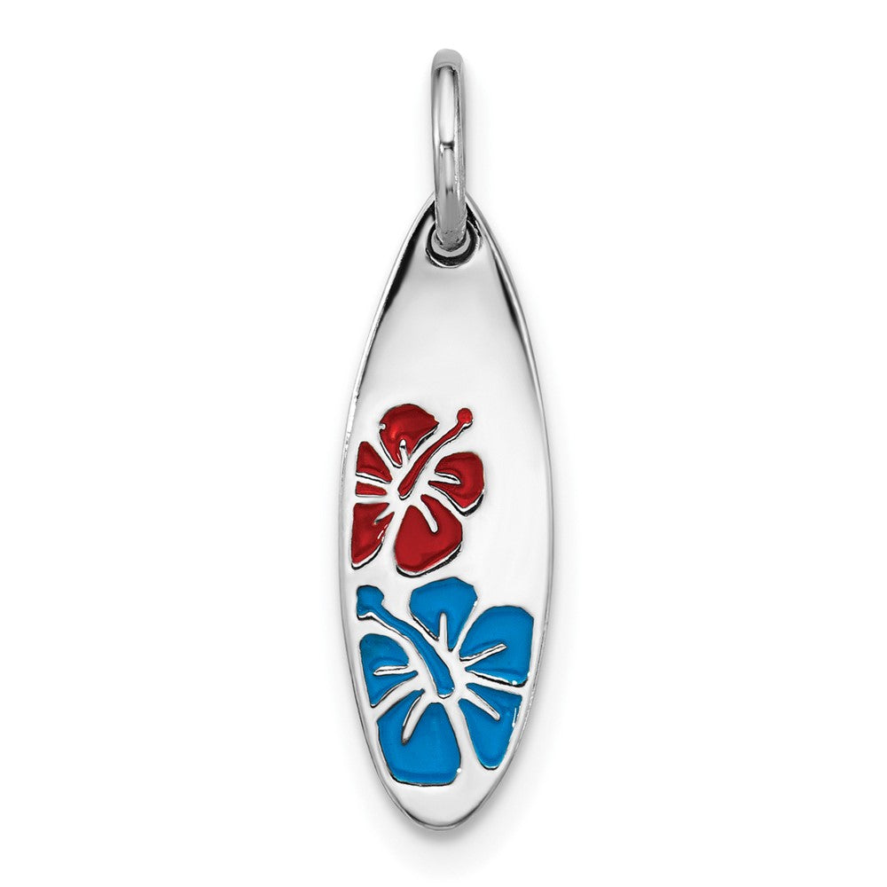 Sterling Silver Rh-plated Polished Enamel Flower Surfboard Pendant