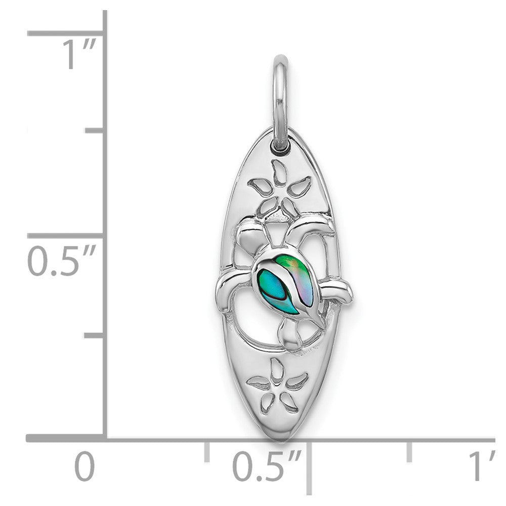 Sterling Silver Rh-plated Polished Paua Shell Turtle Surfboard Pendant
