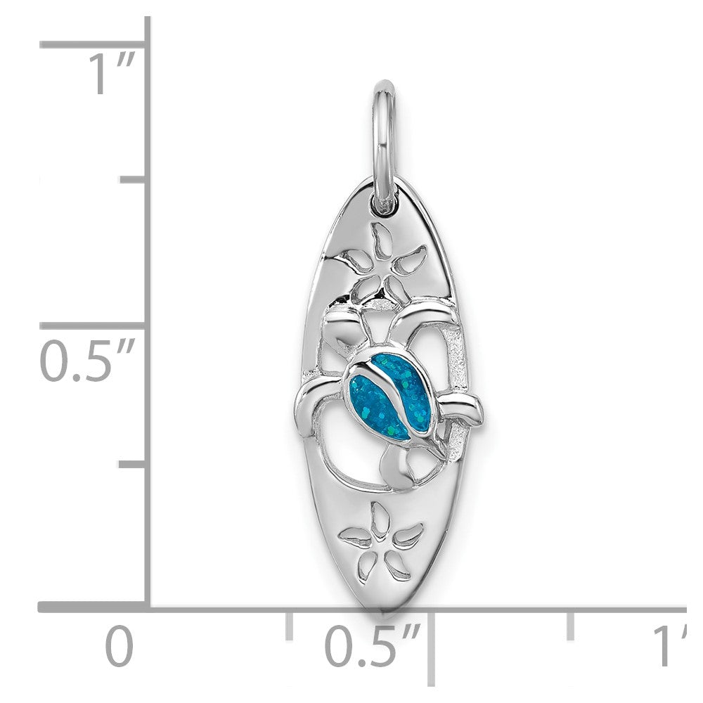 Sterling Silver Rh-plated Polished Blue Enamel Turtle Surfboard Pendant