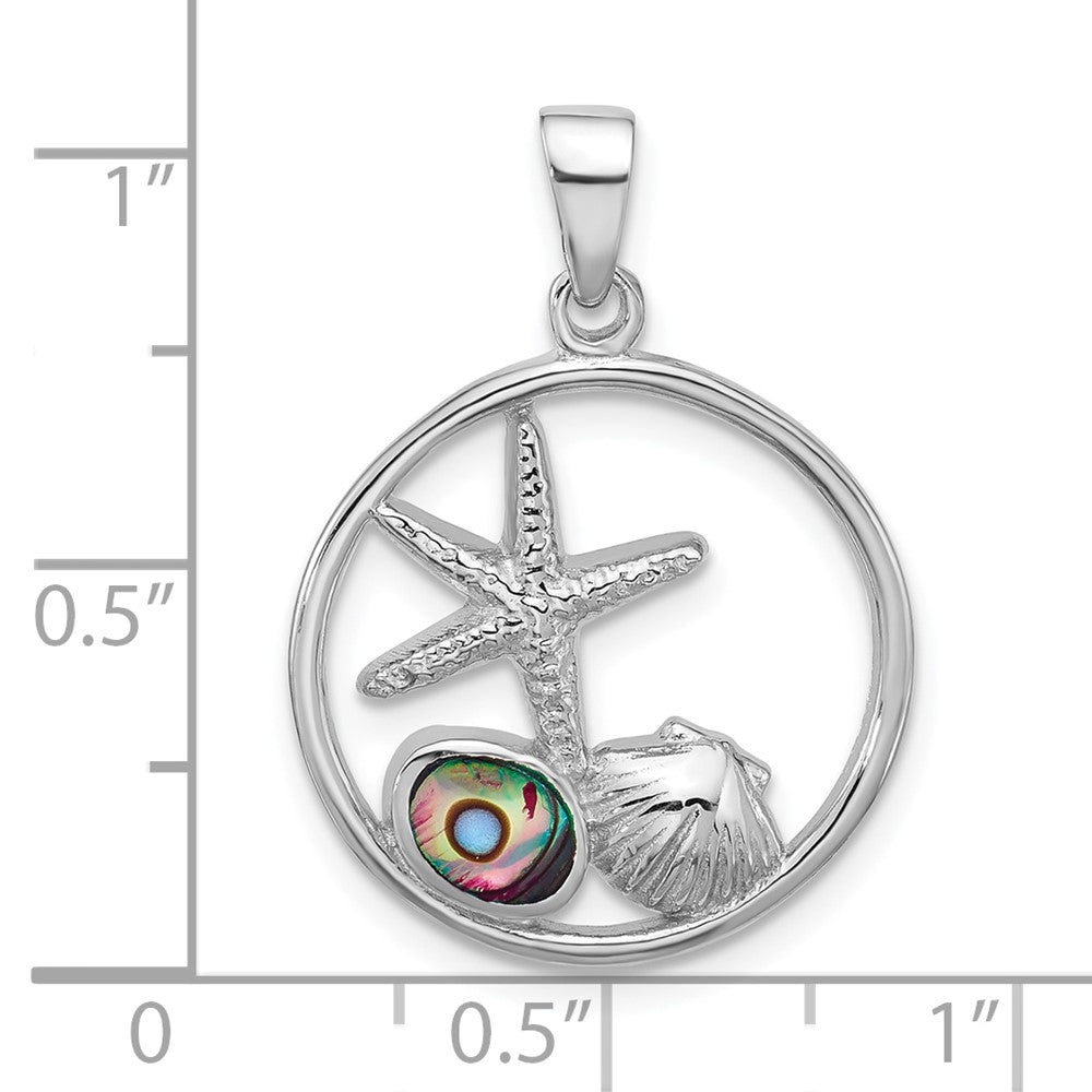 Sterling Silver Rh-plated Polished Paua Shell Starfish & Shell Pendant