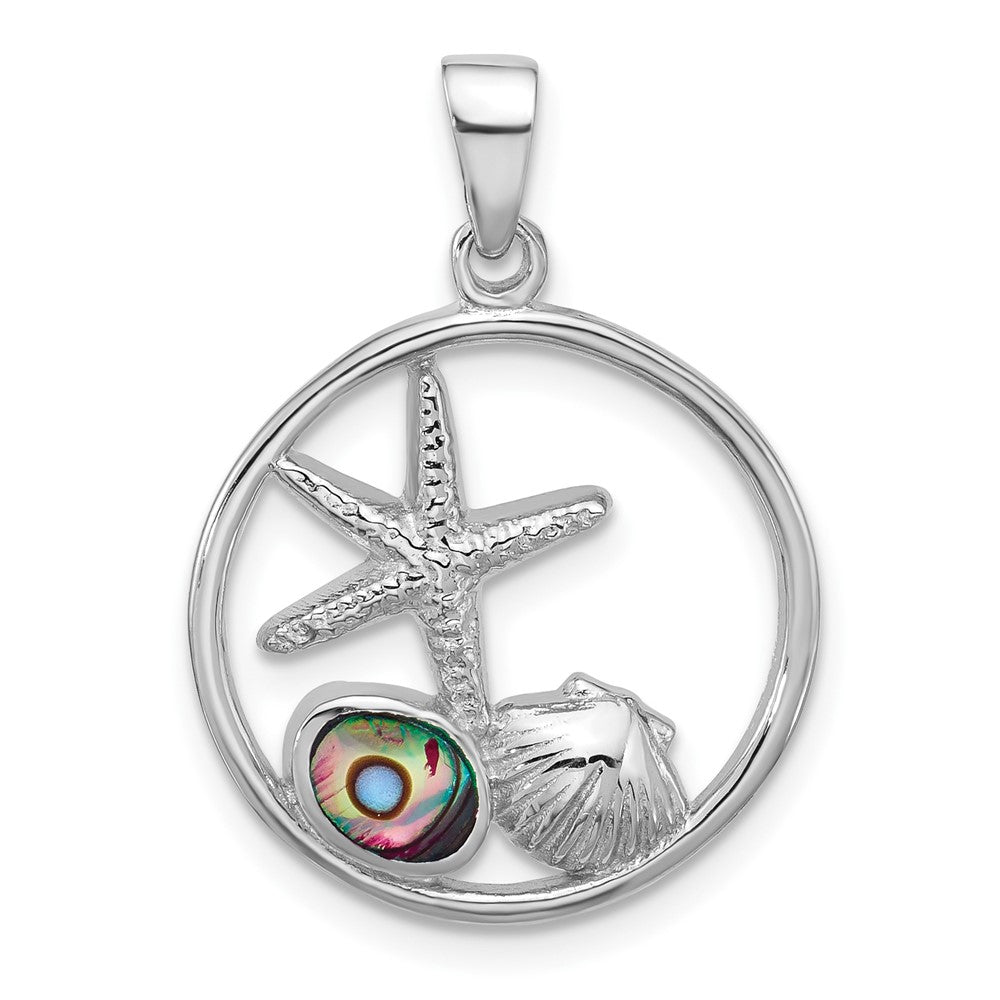 Sterling Silver Rh-plated Polished Paua Shell Starfish & Shell Pendant