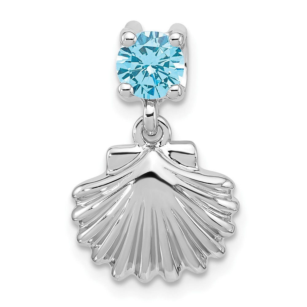 Sterling Silver RH-plated Polished Blue CZ Shell Chain Slide Pendant