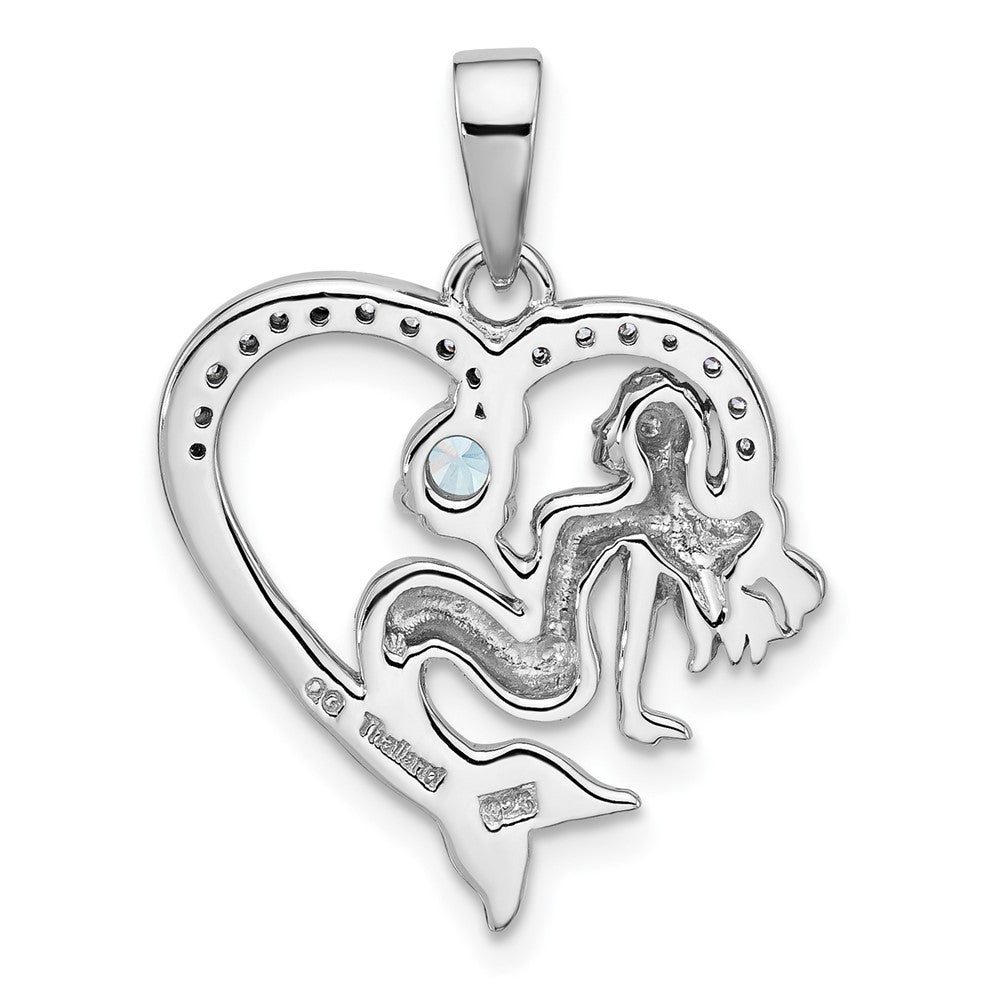 Sterling Silver Rh-plated Antiqued CZ Mermaid Heart Pendant